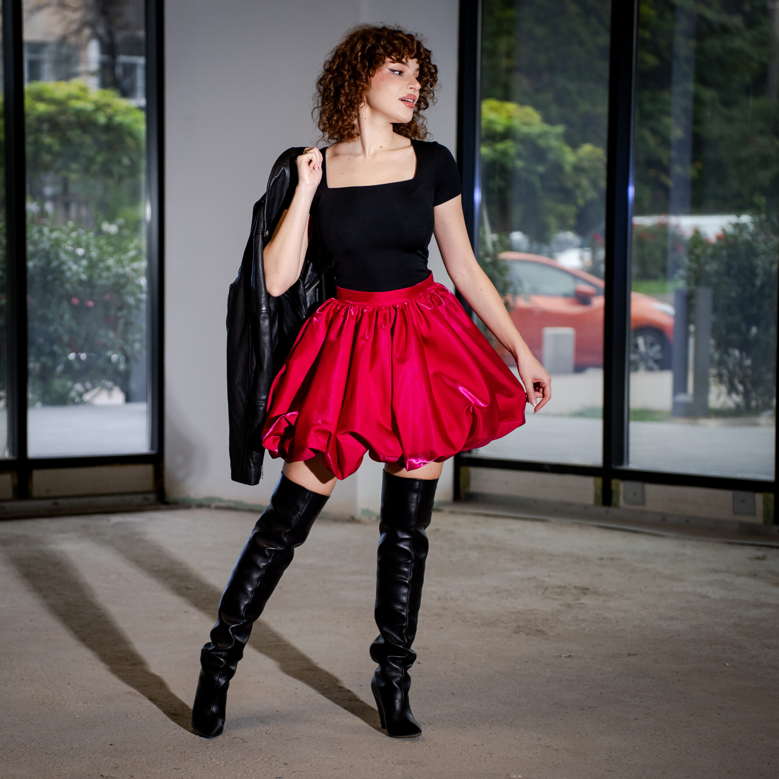 Fusta mini tip balon din tafta, Fucsia - imagine 2