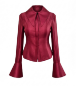 Camasa cambrata din organza burgundy, cu guler supradimensionat