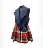 Vesta Sculpturala din denim cu tartan rosu, Albastru