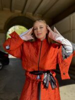 Jacheta scurta cu aspect matlasat si cordon, Caramiziu - imagine 11