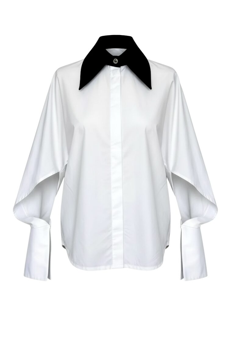 Camasa Kimono, poplin, Alb cu guler negru photo review