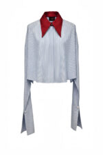 Camasa Kimono, poplin, Bleu cu guler rosu - imagine 4