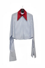 Camasa Kimono, poplin, Bleu cu guler rosu - imagine 6