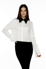 Camasa Kimono, poplin, Alb cu guler negru - imagine 2