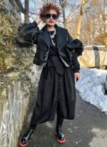 Set pantaloni si cravata, Autoritate Moderna, Stofa, Negru cu dungi albe - imagine 2