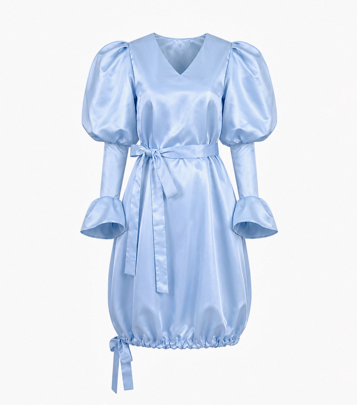 Rochia-Ice-Blue Rochia Ice Blue, din tafta bleu cu mâneci statement și cordoane ajustabile - imagine 1