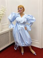 Rochia Ice Blue, din tafta bleu cu mâneci statement și cordoane ajustabile - imagine 2
